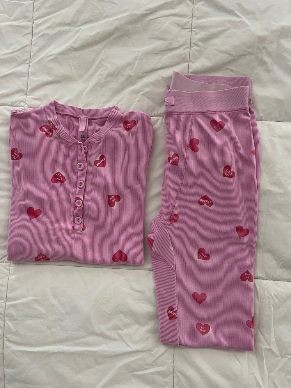 SKIMS Pink Ribbed Henley Pajama Set with Heart Motif